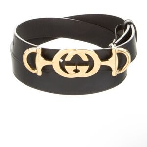 Gucci Black Leather Belt with Gold Logo Buckle
